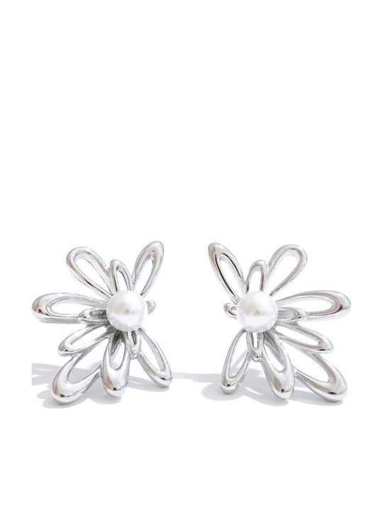 Steel Flower Pearl Gold Earrings