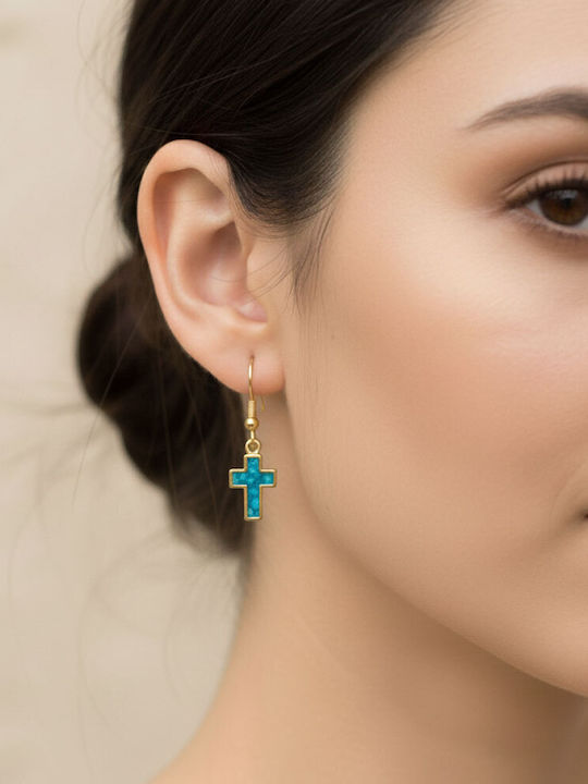 Silver Steel Cross Earrings with Blue Stone