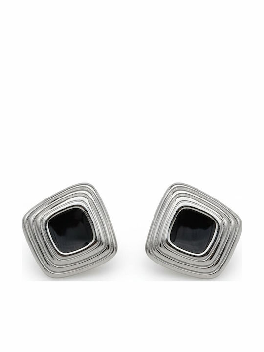 Square Steel Earrings Black Center Silver