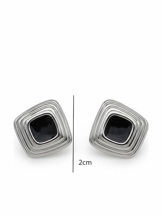 Square Steel Earrings Black Center Silver