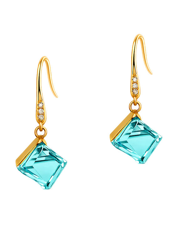Steel Earrings Square Crystal Hook Gold Light Blue