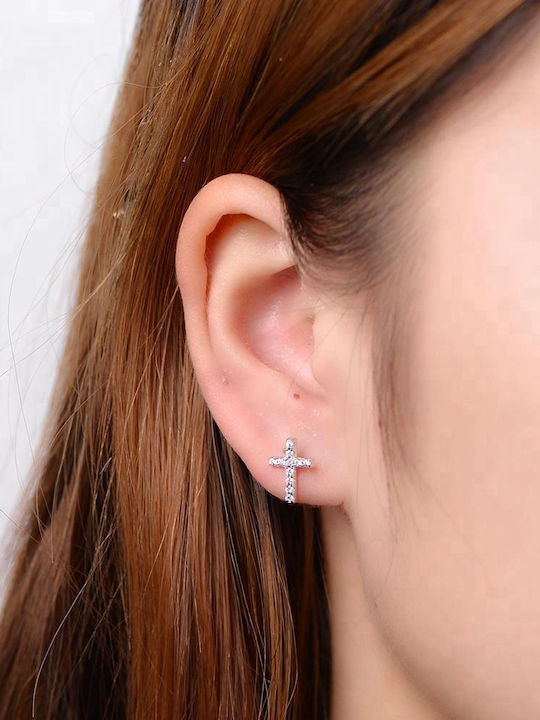 Small Stainless Steel Silver Rhinestone Cross Earrings
