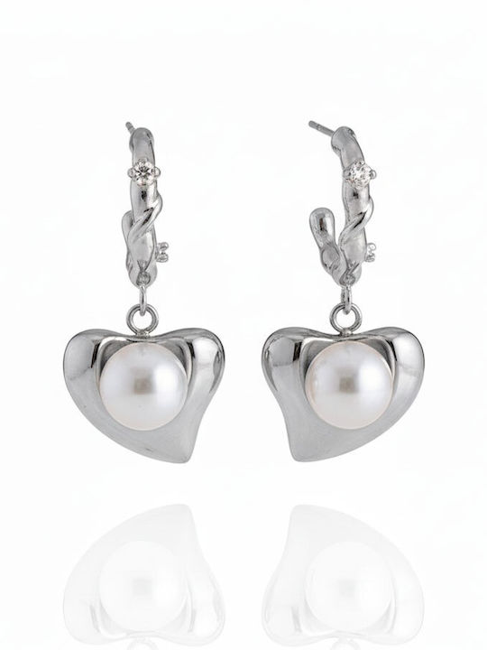 Steel Earrings Heart Pearl & Rhinestone Silver