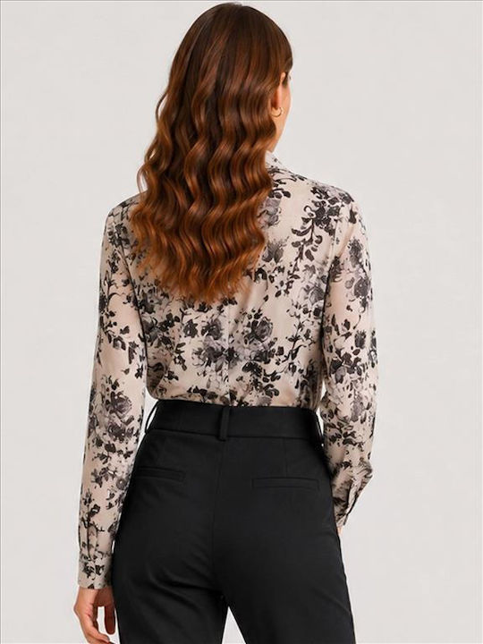 Langärmeliges Damen-Satinhemd in Ecru mit Blumenmuster B26246-TYP
