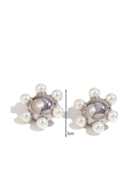 Steel Pearl Earrings Spherical Design Silver