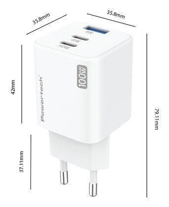 Powertech Φορτιστής GaN με Θύρα USB-A και 2 Θύρες USB-C και Καλώδιο USB-C - USB-C 100W Power Delivery / Quick Charge 3.0 Λευκός (PT-1671)