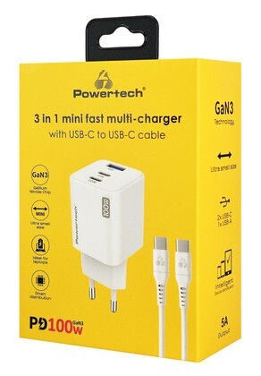 Powertech Φορτιστής GaN με Θύρα USB-A και 2 Θύρες USB-C και Καλώδιο USB-C - USB-C 100W Power Delivery / Quick Charge 3.0 Λευκός (PT-1671)