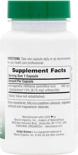 Nature's Plus Herbal Actives Ashwagandha 450mg 60 Vegetable Capsules