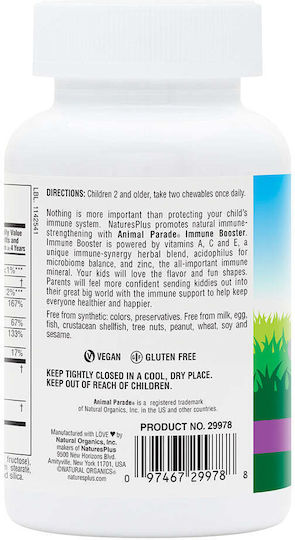Nature's Plus Animal Parade Kids Immune Booster Multivitamină cu Aromă de Fructe de Pădure Tropicale 90 de Tablete Masticabile