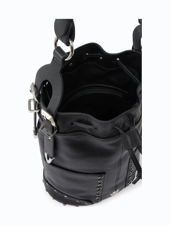 Black Leather Women's Drawstring Bag