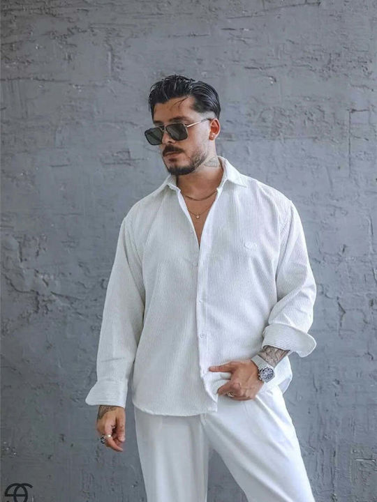 Long-Sleeve Corduroy Shirt in a Wide Fit White