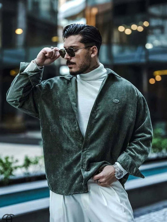Long Sleeve Corduroy Shirt in a Wide Fit Khaki