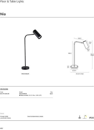 VK Lighting Floor Lamp H56.2xL35.3cm with GU10 Bulb Socket Black