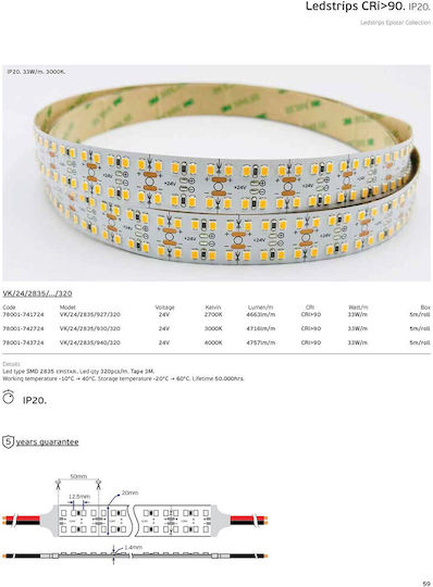 VK Lighting LED Strip 24V Warm White Light 5m Type SMD2835