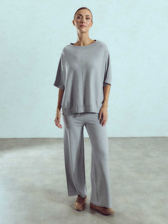 Set Bluză și Pantaloni Largi de Damă din Tricot, Croială Lejeră, Gri