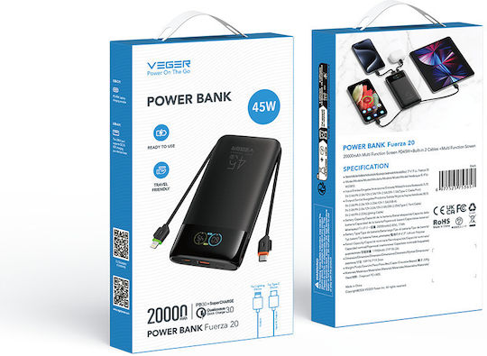 Veger W2085S Powerbank 20000 mAh 45 W mit USB-A- und USB-C-Anschluss, Power Delivery, Schwarz
