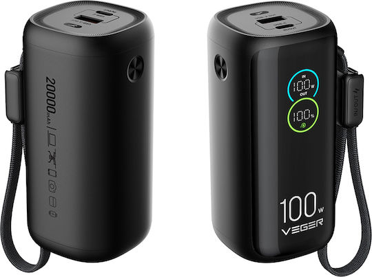 Veger W2099 Powerbank 20000 mAh 100 W mit USB-A-Anschluss und 2 USB-C-Anschlüssen, Power Delivery, Schwarz