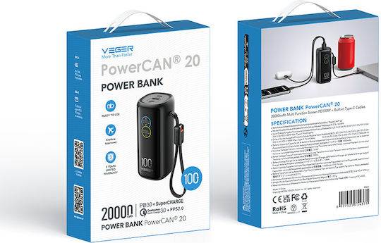 Veger W2099 Powerbank 20000 mAh 100 W mit USB-A-Anschluss und 2 USB-C-Anschlüssen, Power Delivery, Schwarz