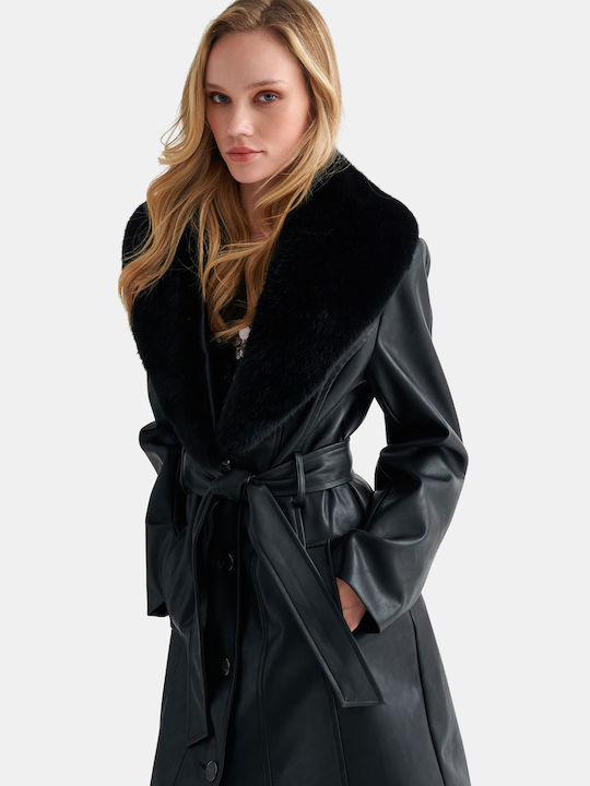 Schwarzer Damen-Ledermantel im Gabardine-Stil