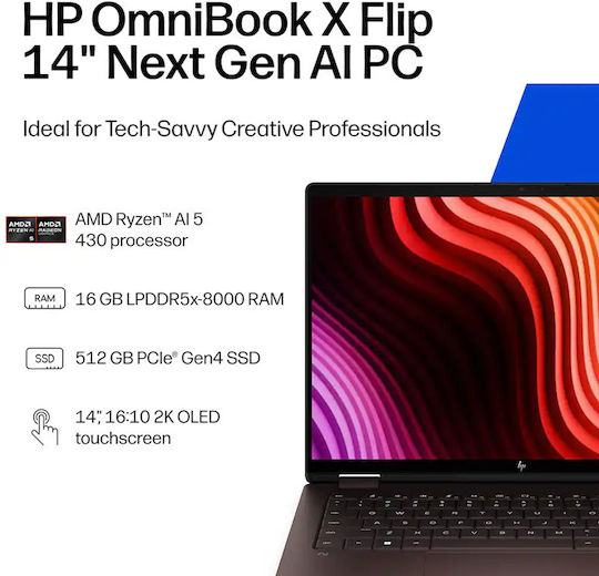 OmniBook X Flip 14" OLED FHD+ Touchscreen (Ryzen AI 400 Series-5 430/16GB/512GB SSD/W11 Home) (US Keyboard)