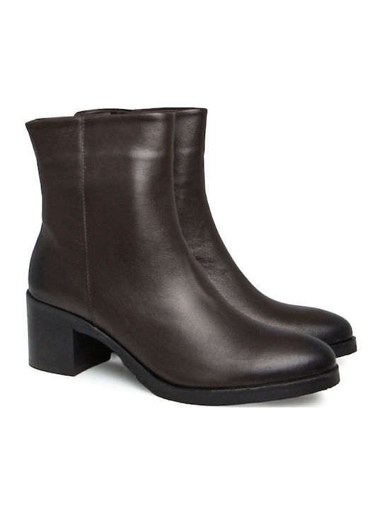 Leather Women's Ankle Boots with Medium Heel Brown