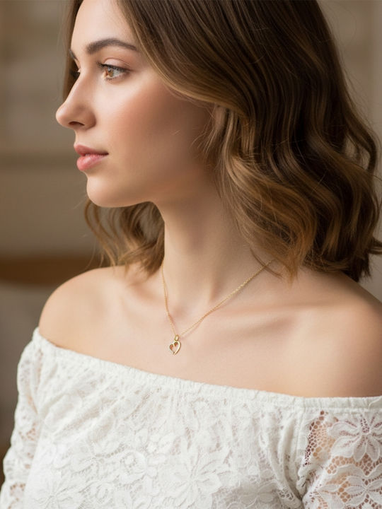 Necklace with design Heart from Gold 14K with Zircon