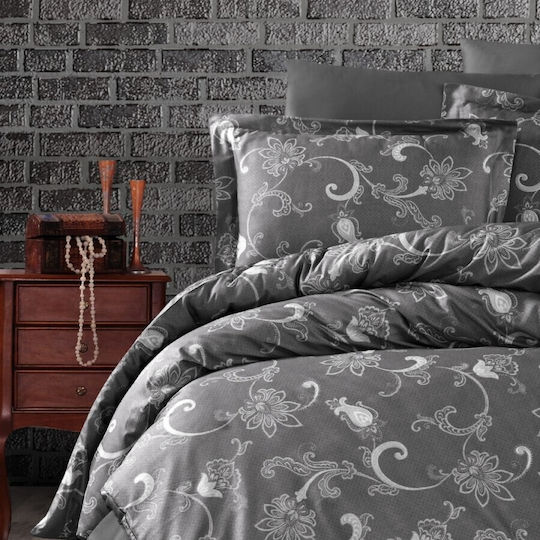 First Choice Carmina Комплект Плик за Завивка от Памучен Сатен 200x220 cm Двоен с 4 Калъфки за Възглавници и 1 Чаршаф Антрацит