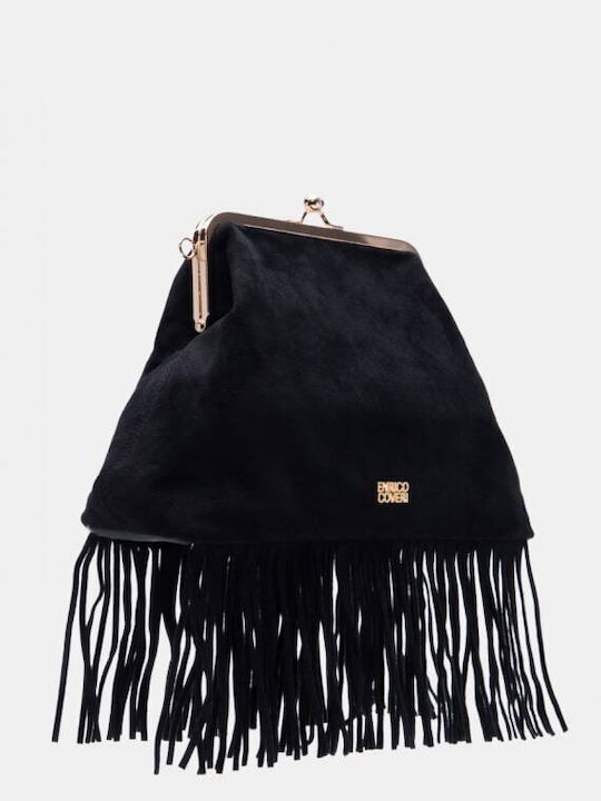 Schwarze Damen-Schultertasche aus Stoff und Wildleder mit Fransen