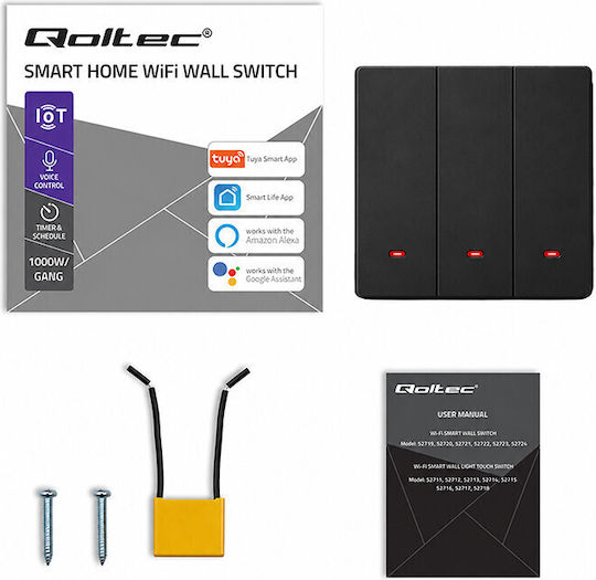 Qoltec Wall-Mounted Wi-Fi Triple Wall Switch with Frame Black