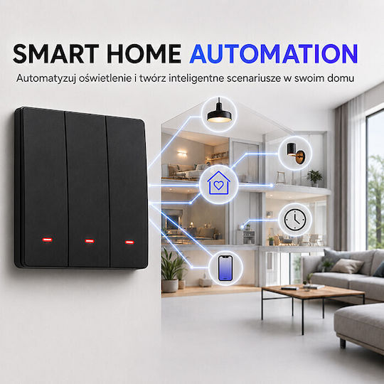 Qoltec Wall-Mounted Wi-Fi Triple Wall Switch with Frame Black