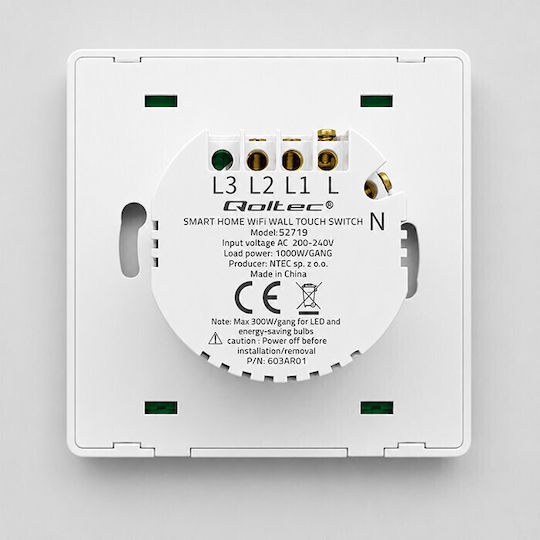 Qoltec Wall-Mounted Wi-Fi One-Way Wall Switch with White Frame
