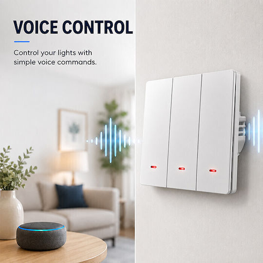 Qoltec Wall-Mounted Wi-Fi Triple Wall Switch with White Frame