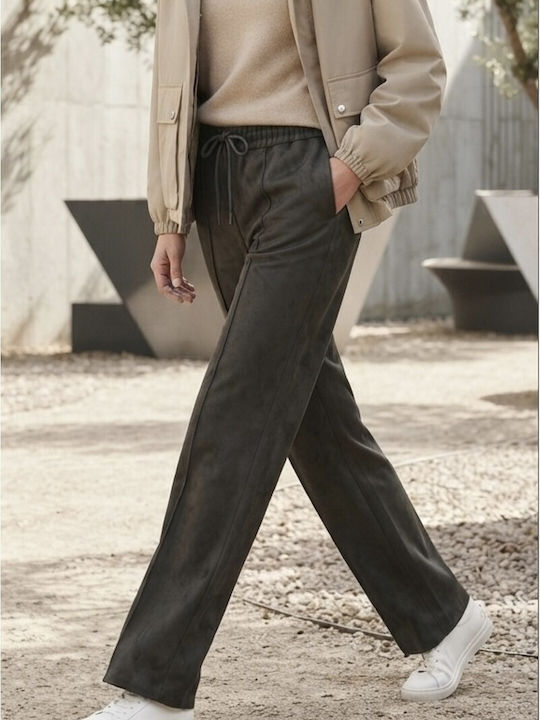 Women's Fabric Trousers with Elastic Waist Khaki