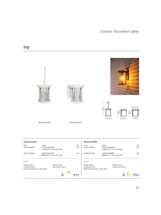 VK Lighting Κρεμαστό Φωτιστικό Οροφής Εξωτερικού Χώρου E27 σε Μαύρο Χρώμα 75169-388694