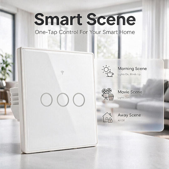 Qoltec Wall-Mounted Triple Wi-Fi Touch Wall Switch with White Frame