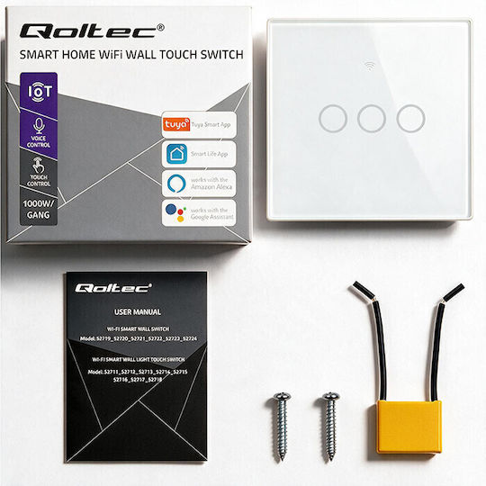 Qoltec Wall-Mounted Triple Wi-Fi Touch Wall Switch with White Frame