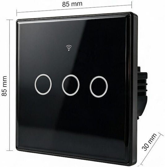 Qoltec Wall-Mounted Wi-Fi Triple Touch Wall Switch with Frame Black