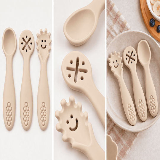 Queen Mother Baby-Besteckset aus beigem Silikon, 3-tlg.