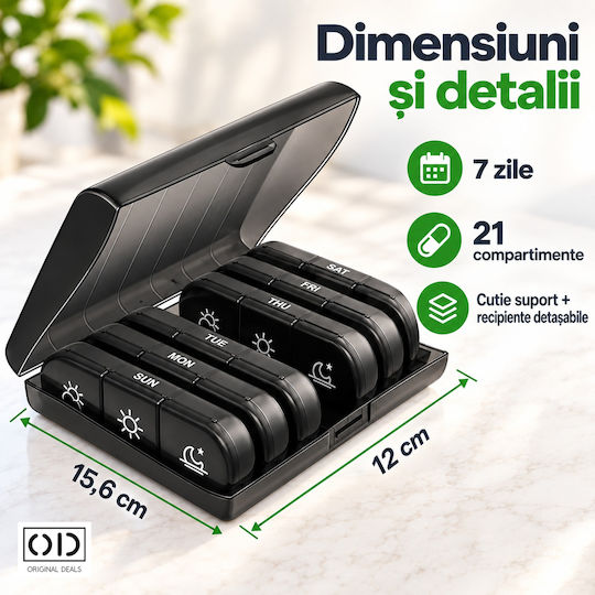 Weekly Medication Organizer 7 Days 21 Compartments Removable Containers 15.6 X 12 Cm Black Original Deals