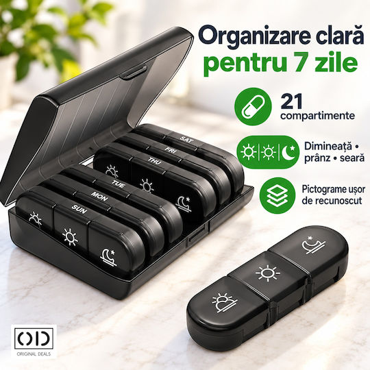 Weekly Medication Organizer 7 Days 21 Compartments Removable Containers 15.6 X 12 Cm Black Original Deals