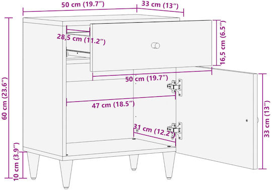 Wooden Bedside Table Brown 50x33x60cm