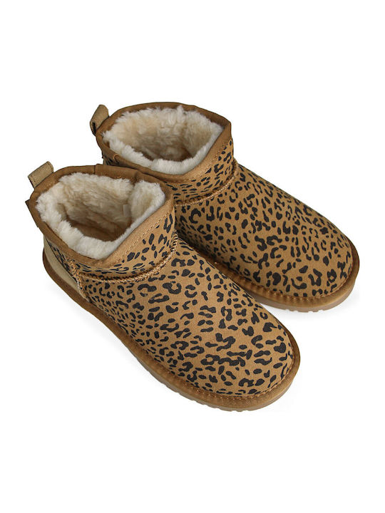 Braune Damen-Lederstiefeletten mit Pelz
