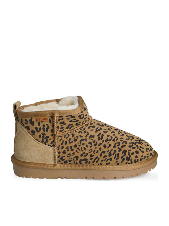 Braune Damen-Lederstiefeletten mit Pelz