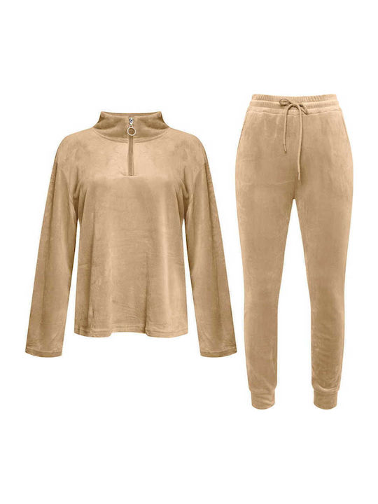 Samt-Set aus Damenbluse und Hose in Beige