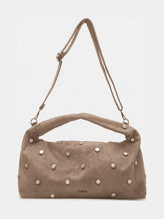 Damen-Schultertasche Aus Stoff Suede Dunkelbeige