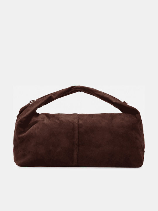 Dunkelbraune Damen-Schultertasche aus Stoff und Wildleder
