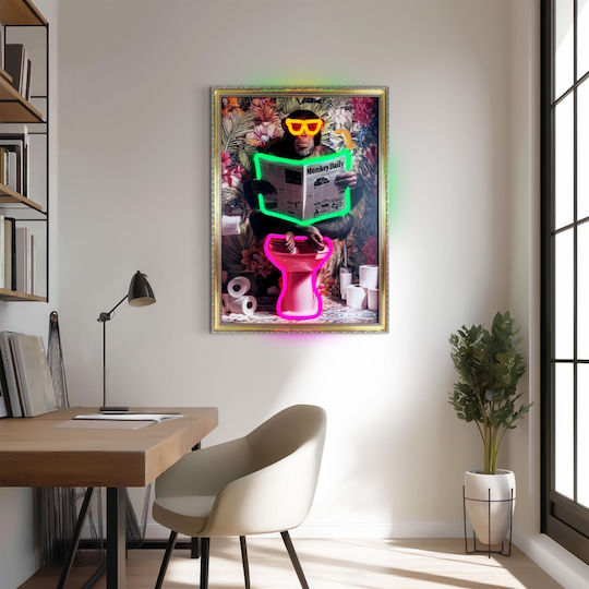 "Monkey Toilet Break" Painting with Neon LED Lighting 50x70 cm