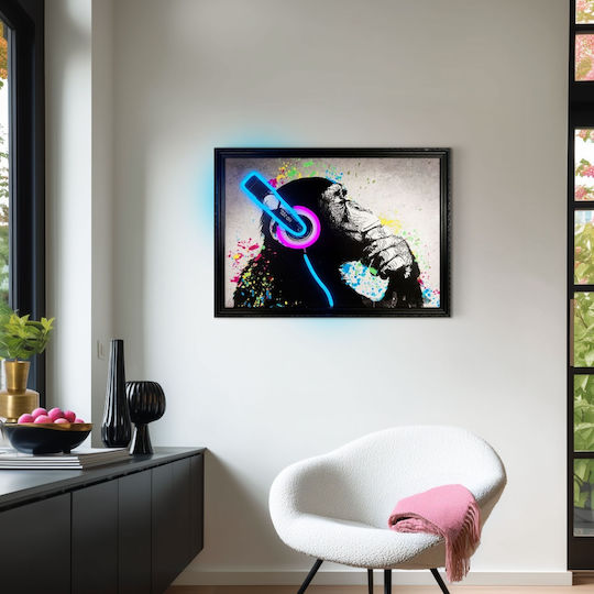"chimp Stereo" Painting with Neon LED Lighting 70x50 cm