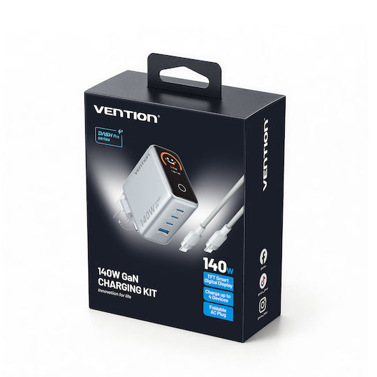 Vention GaN Зарядно Устройство с USB-A Порт и 3 USB-C Порта и USB-C - USB-C Кабел 140 W Power Delivery Сребристо (Dash Pro)