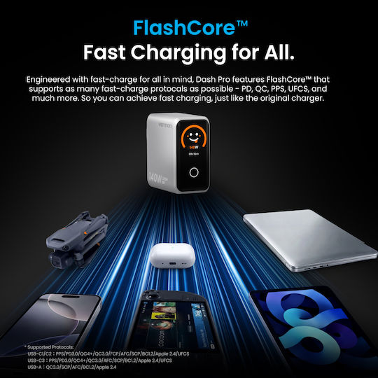Vention GaN Зарядно Устройство с USB-A Порт и 3 USB-C Порта и USB-C - USB-C Кабел 140 W Power Delivery Сребристо (Dash Pro)